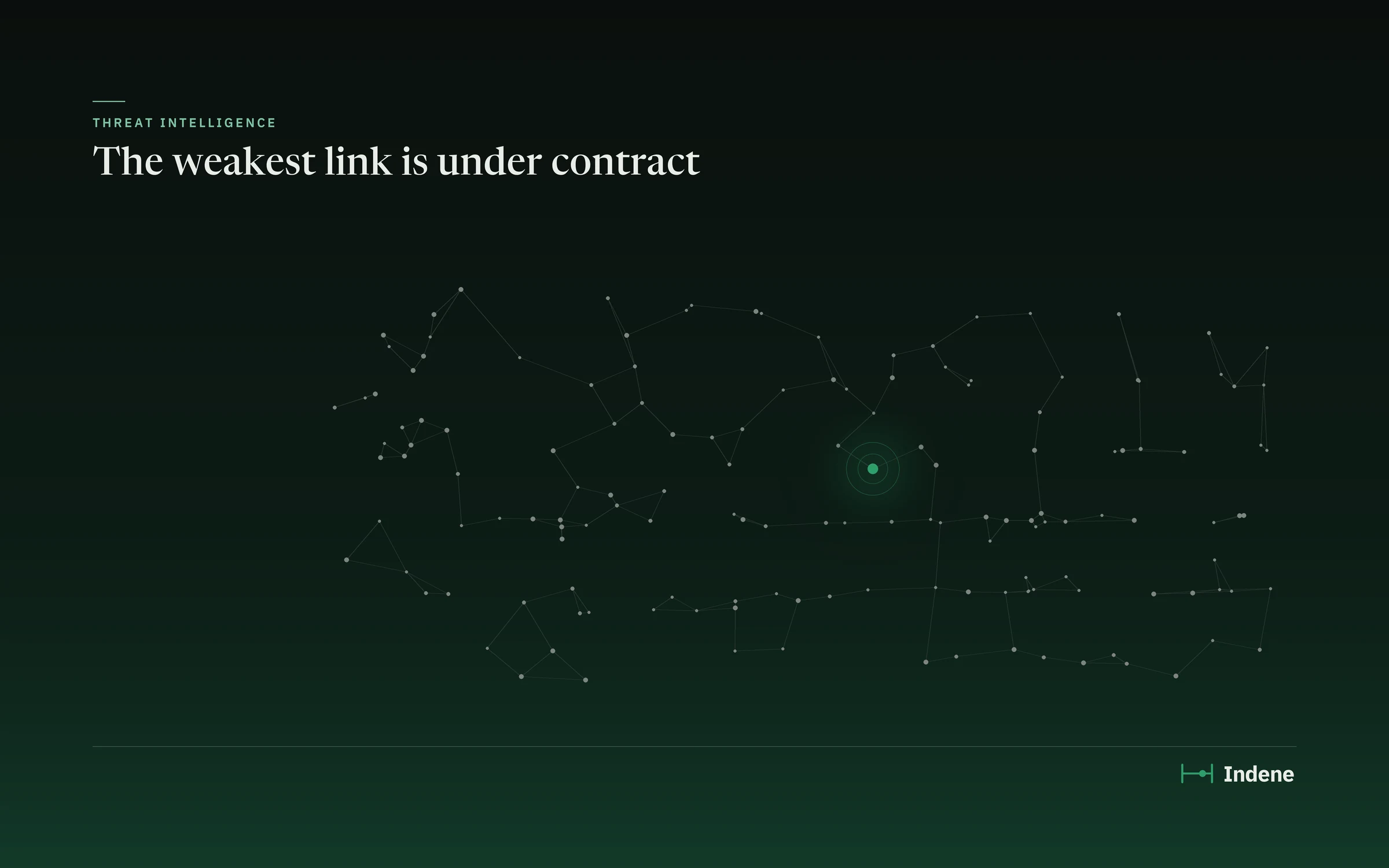 Rede de pontos ligados por traços finos sobre fundo escuro esverdeado, com um único nó verde aceso e o título The weakest link is under contract.